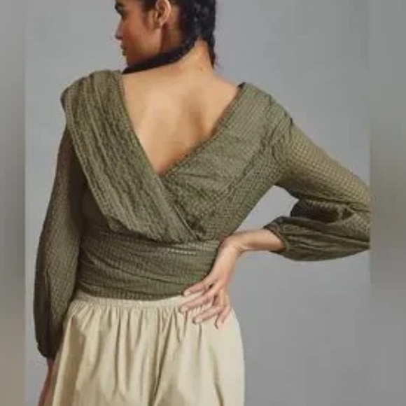 Maeve Anthropologie Crop Deep-V Blouse Waist Tie Green Women's Size 12 - Picture 2 of 13